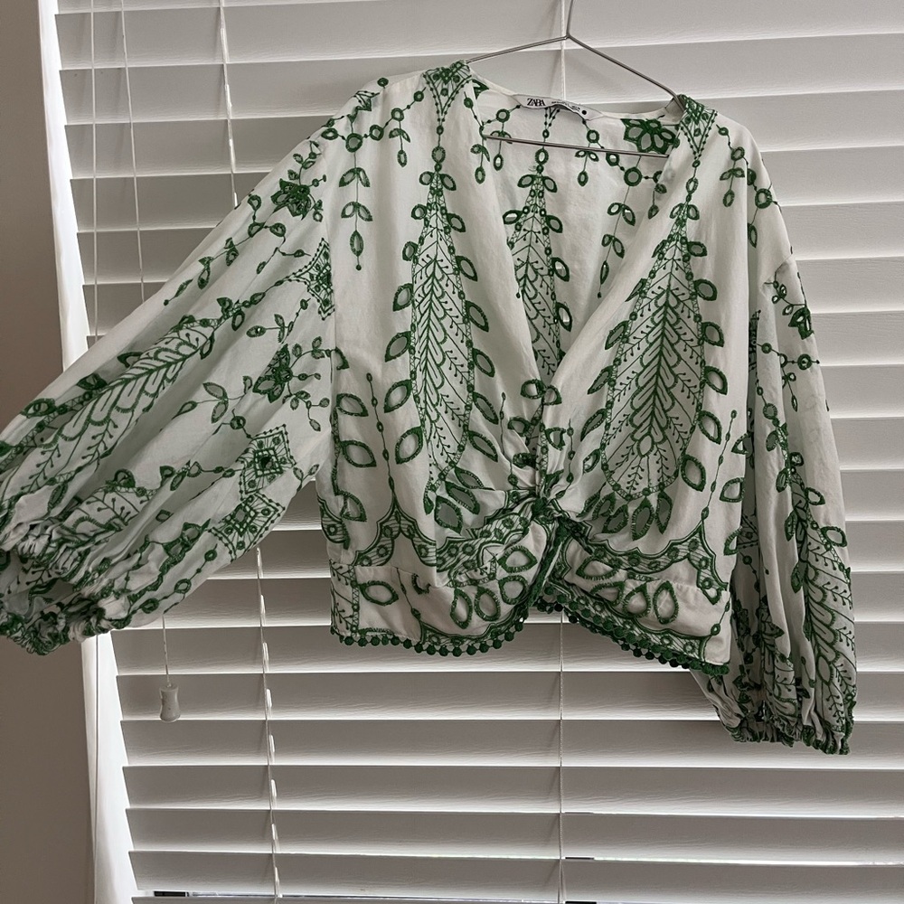 Zara White Top with Green Embroidery